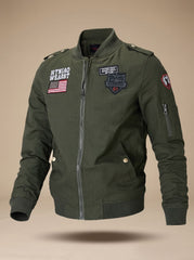 Rugged Military Bomber Jacket for Men with Stand Collar Long Sleeve Patch Zip-Up Ribbed Style
