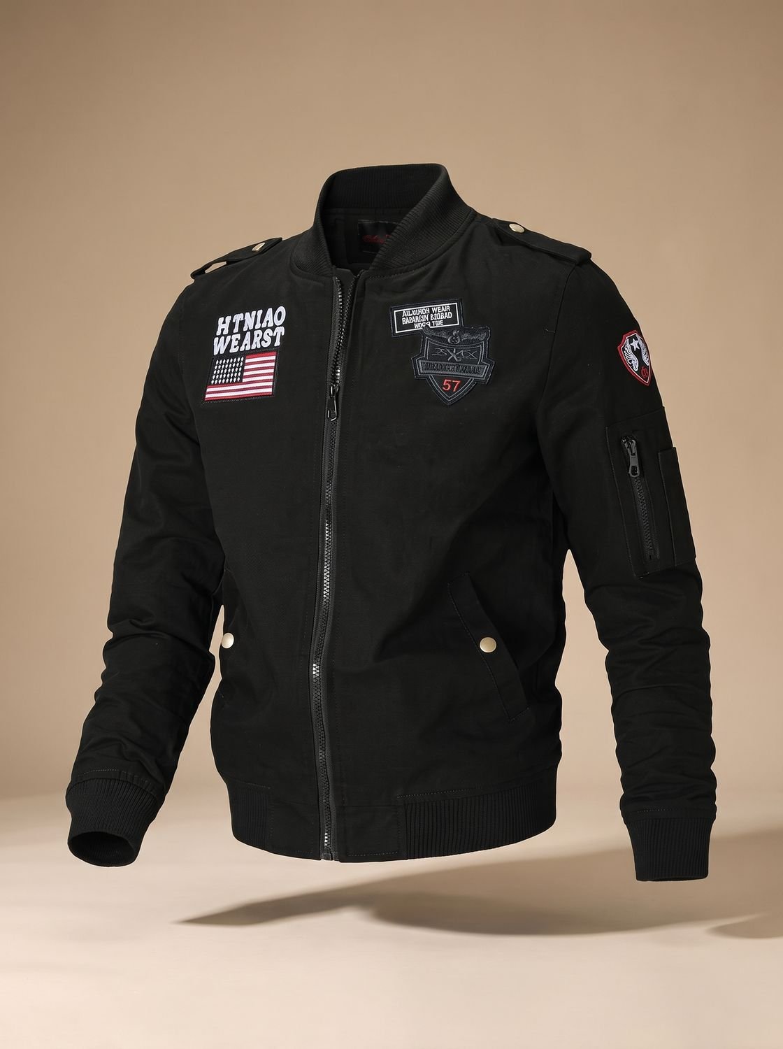 Rugged Military Bomber Jacket for Men with Stand Collar Long Sleeve Patch Zip-Up Ribbed Style