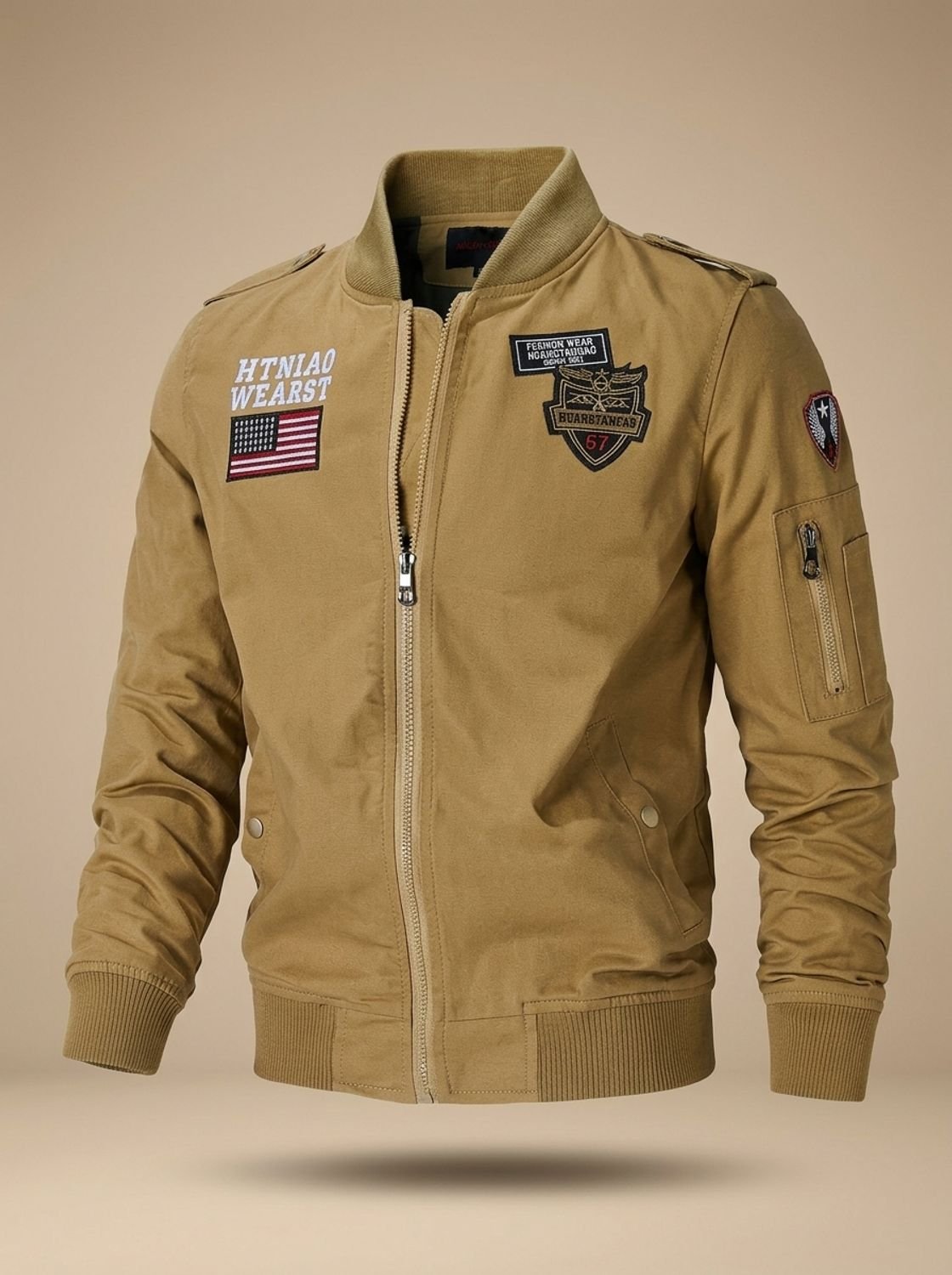 Rugged Military Bomber Jacket for Men with Stand Collar Long Sleeve Patch Zip-Up Ribbed Style