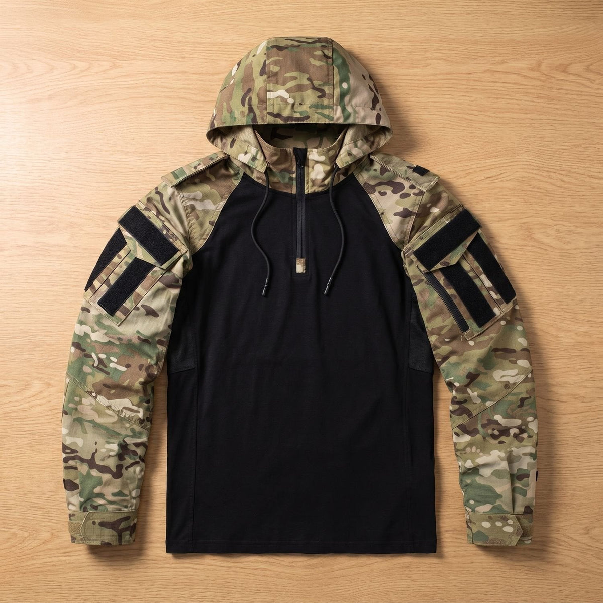Rugged Black Military Jacket for Men with Hooded Quarter Zip Long Sleeve Tactical Anorak Style