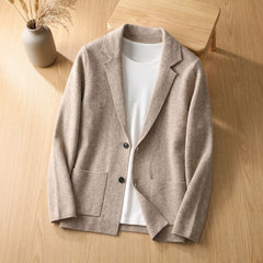 Classic Brown Cashmere Cardigan for Men with Notched Lapel Button Front Long Sleeve Sport Coat Style
