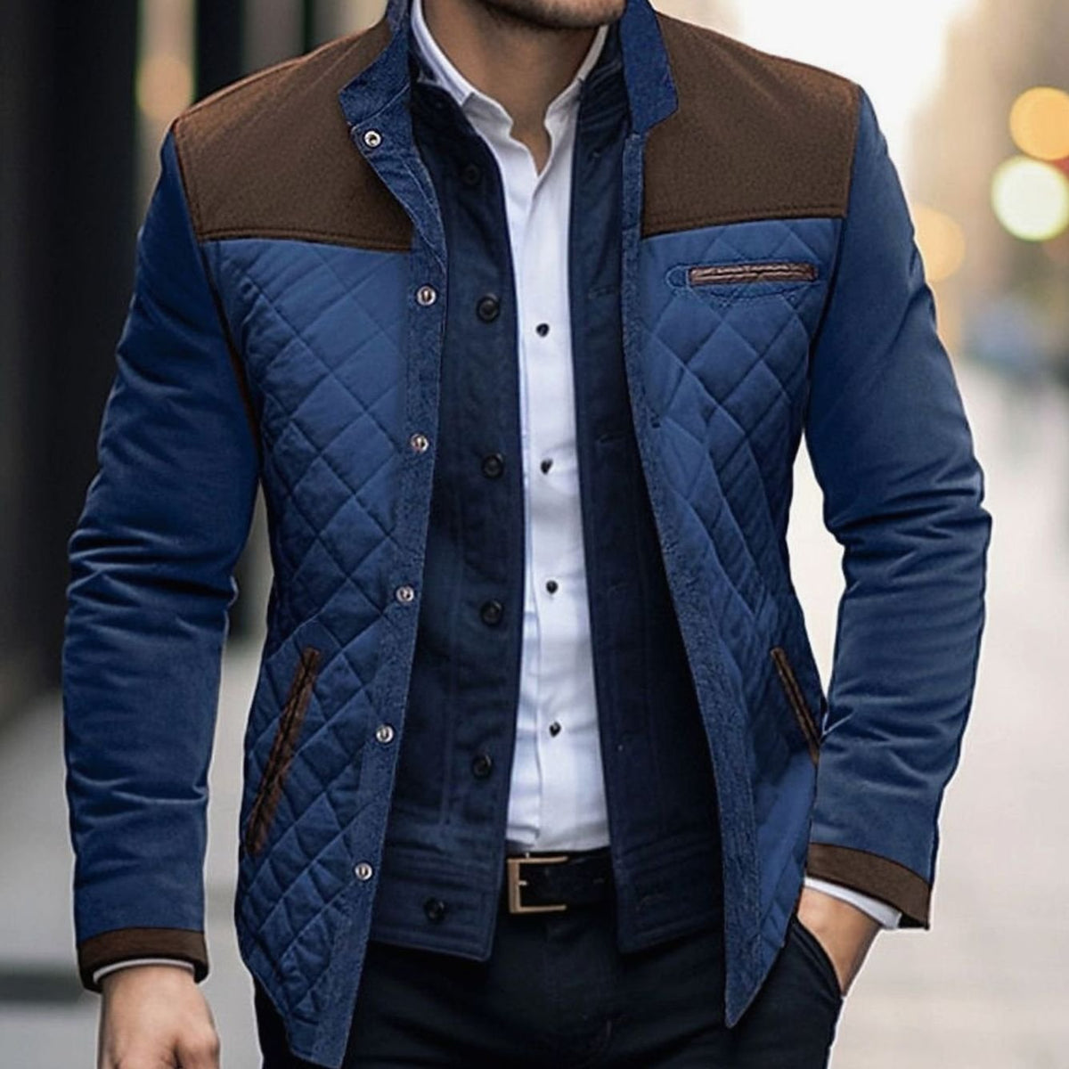 Cozy Colorblock Quilted Jacket for Men with Stand Collar Long Sleeve Snap Front Suede Trim Style