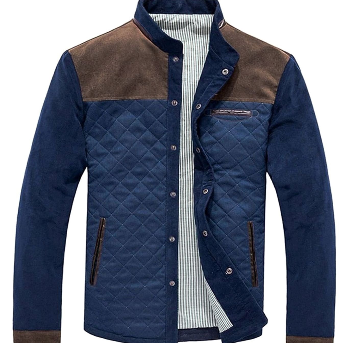 Cozy Colorblock Quilted Jacket for Men with Stand Collar Long Sleeve Snap Front Suede Trim Style