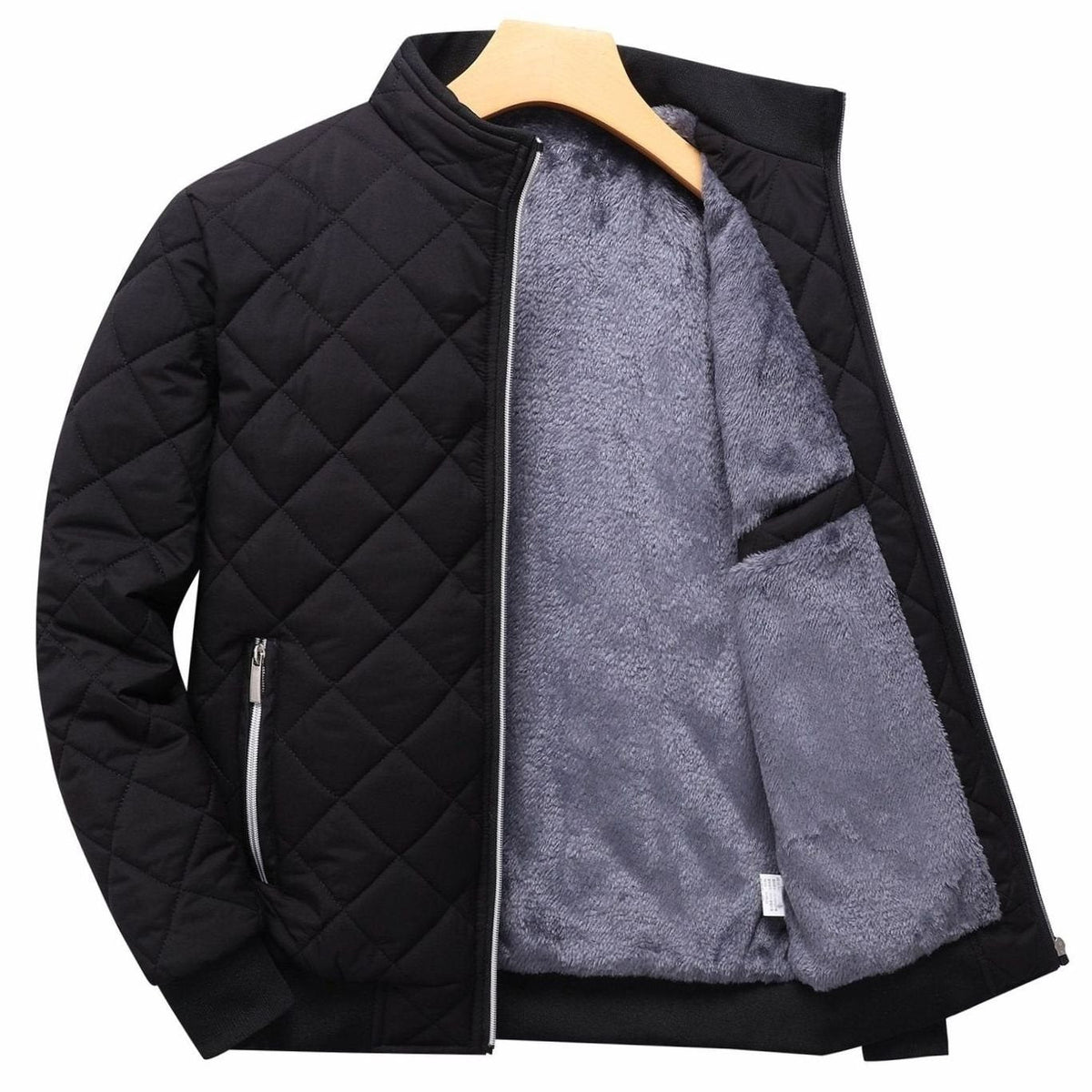 Cozy Black Diamond Quilted Bomber Jacket for Men with Stand Collar Long Sleeve Fleece Lined Full Zip Style