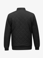 Cozy Black Diamond Quilted Bomber Jacket for Men with Stand Collar Long Sleeve Fleece Lined Full Zip Style