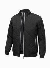 Cozy Black Diamond Quilted Bomber Jacket for Men with Stand Collar Long Sleeve Fleece Lined Full Zip Style