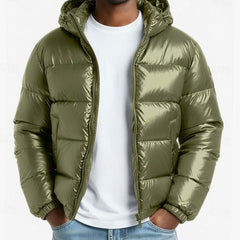 Cozy Glossy Puffer Jacket for Men with Hooded Collar Long Sleeve Coated Zip Winter Style
