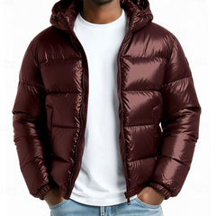 Cozy Glossy Puffer Jacket for Men with Hooded Collar Long Sleeve Coated Zip Winter Style