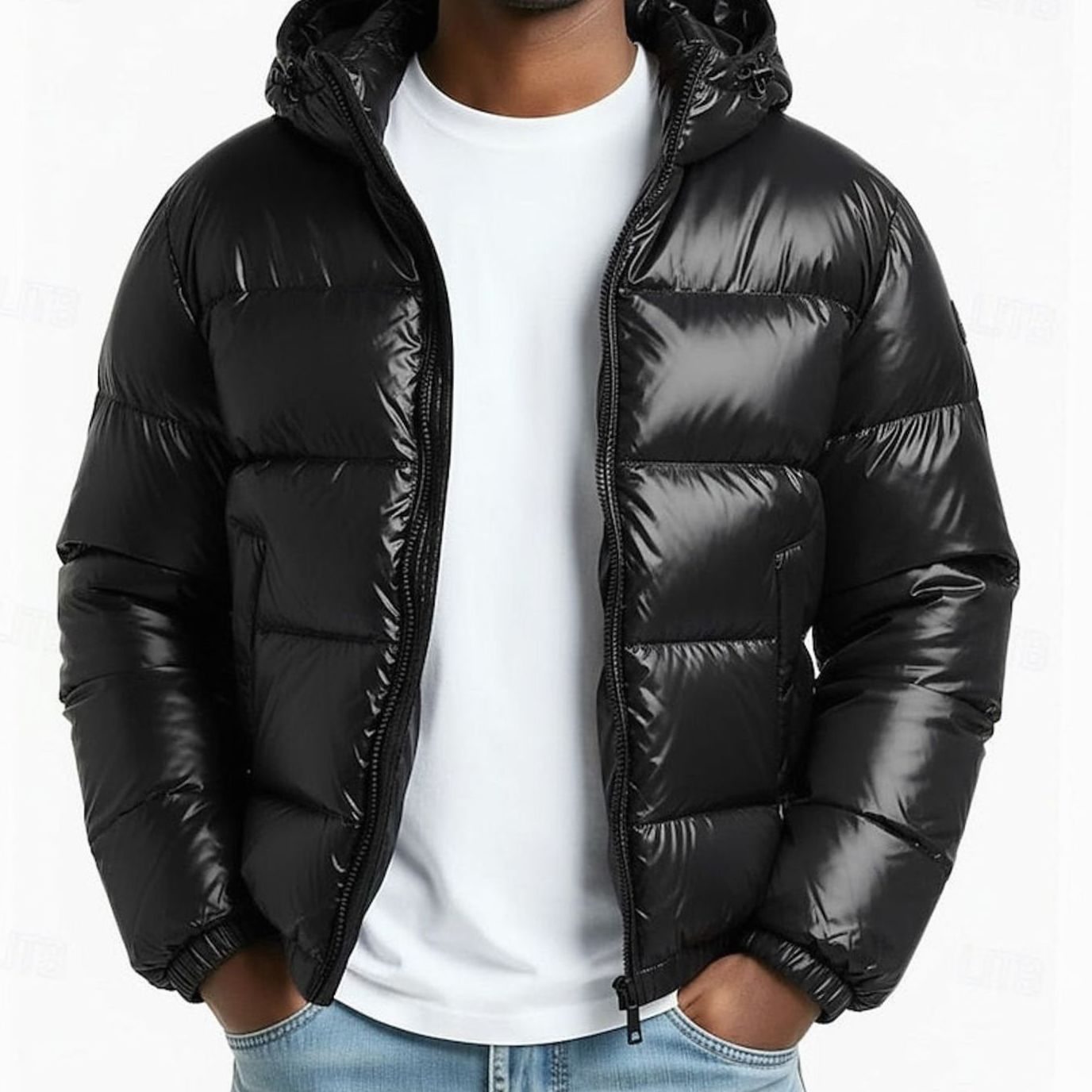 Cozy Glossy Puffer Jacket for Men with Hooded Collar Long Sleeve Coated Zip Winter Style