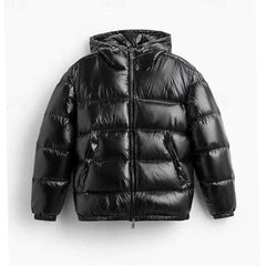 Cozy Glossy Puffer Jacket for Men with Hooded Collar Long Sleeve Coated Zip Winter Style