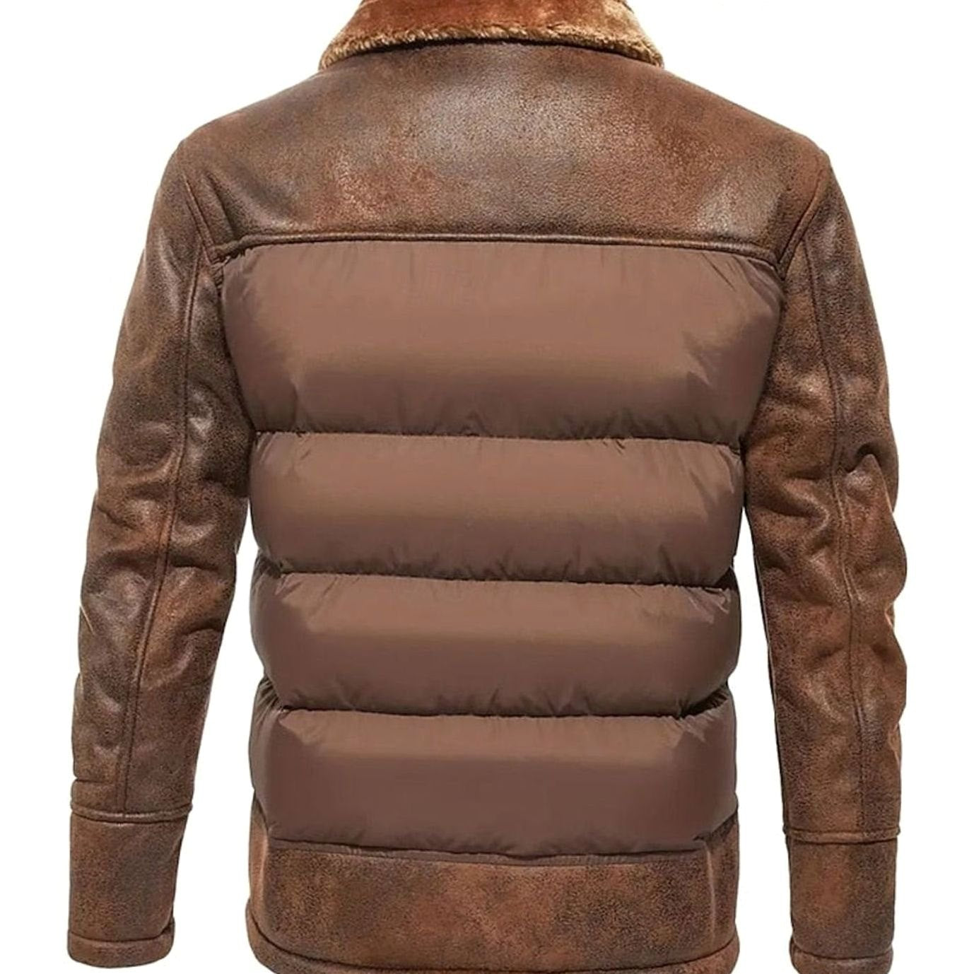 Cozy Faux Leather Puffer Jacket for Men with Shearling Collar Long Sleeve Quilted Zip Winter Style