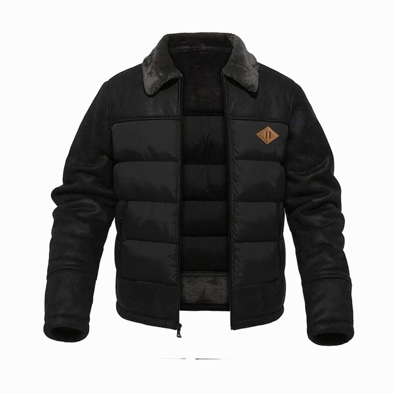 Cozy Faux Leather Puffer Jacket for Men with Shearling Collar Long Sleeve Quilted Zip Winter Style