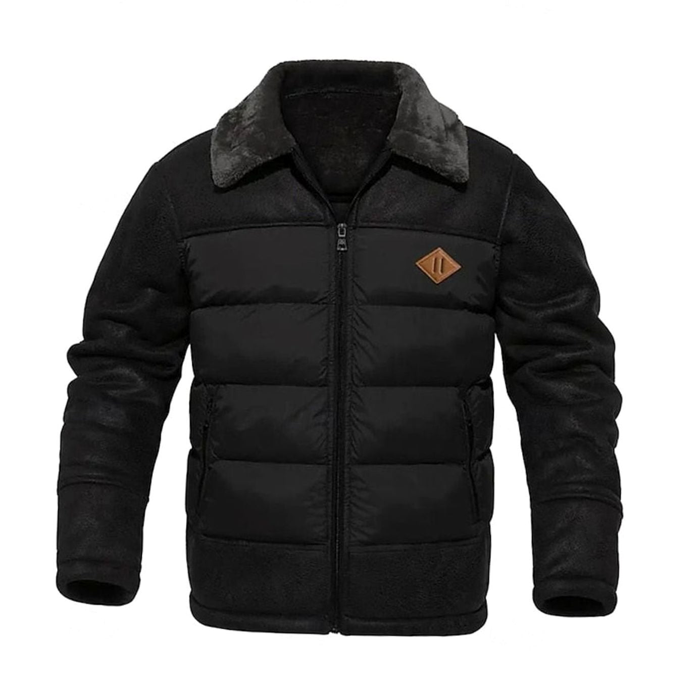 Cozy Faux Leather Puffer Jacket for Men with Shearling Collar Long Sleeve Quilted Zip Winter Style