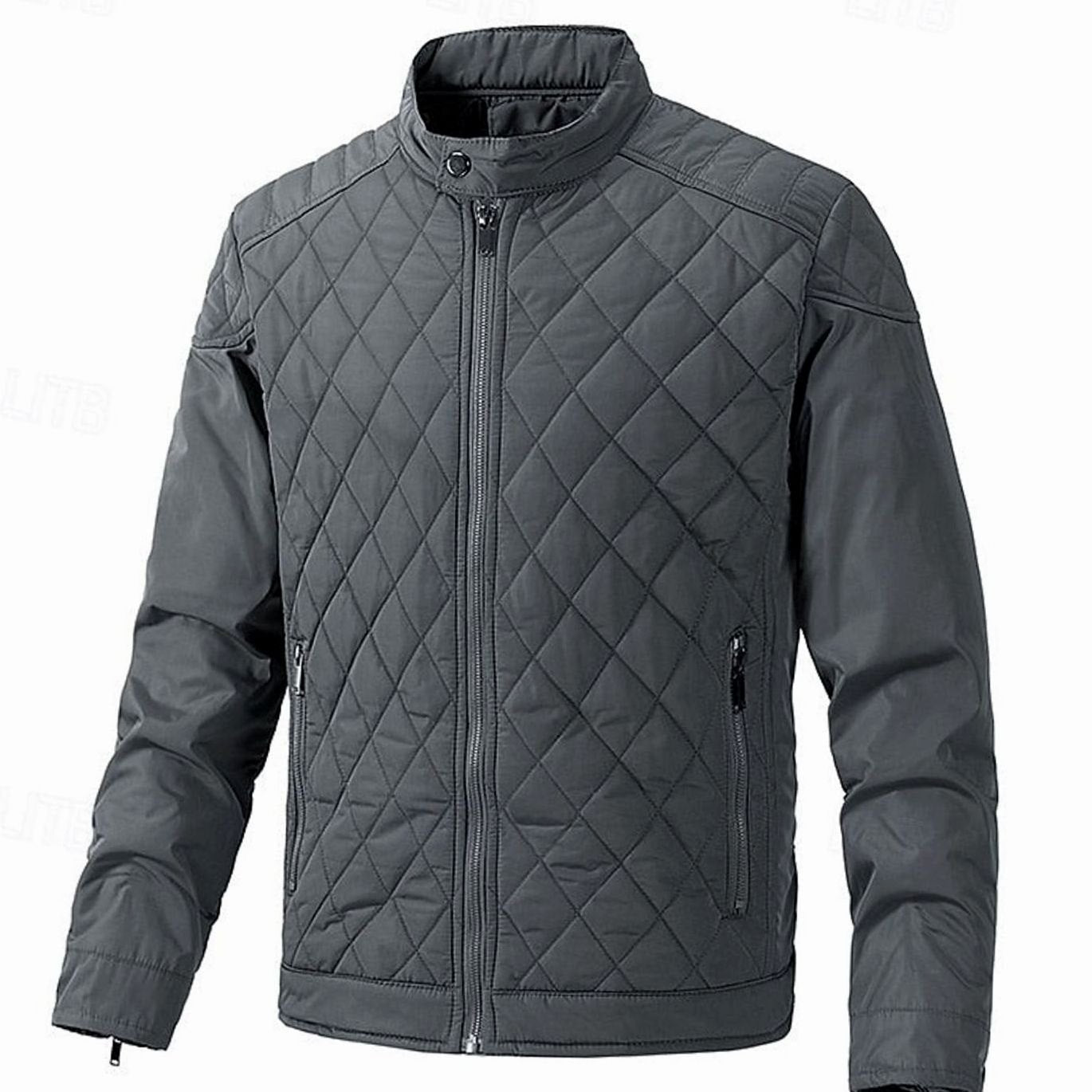 Cozy Diamond Quilted Moto Jacket for Men with Stand Collar Long Sleeve Full Zip Bomber Winter Style