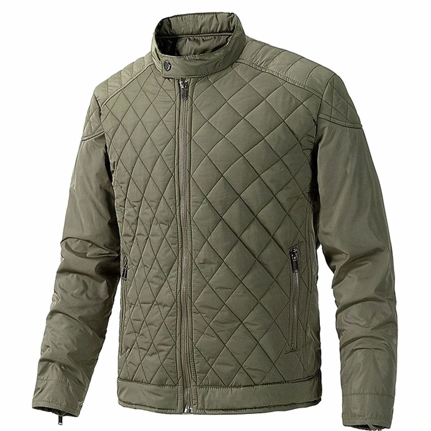 Cozy Diamond Quilted Moto Jacket for Men with Stand Collar Long Sleeve Full Zip Bomber Winter Style