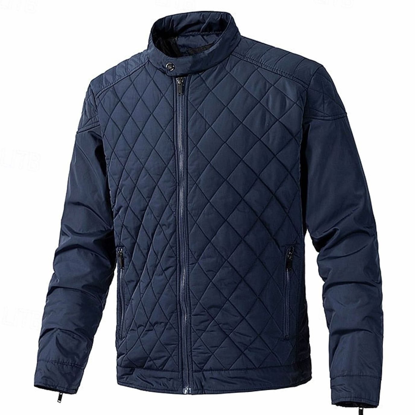 Cozy Diamond Quilted Moto Jacket for Men with Stand Collar Long Sleeve Full Zip Bomber Winter Style
