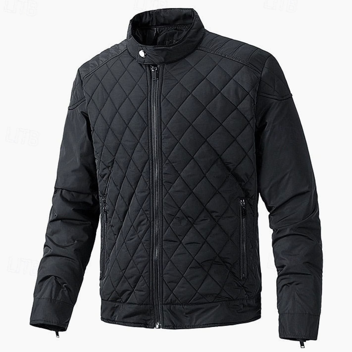 Cozy Diamond Quilted Moto Jacket for Men with Stand Collar Long Sleeve Full Zip Bomber Winter Style