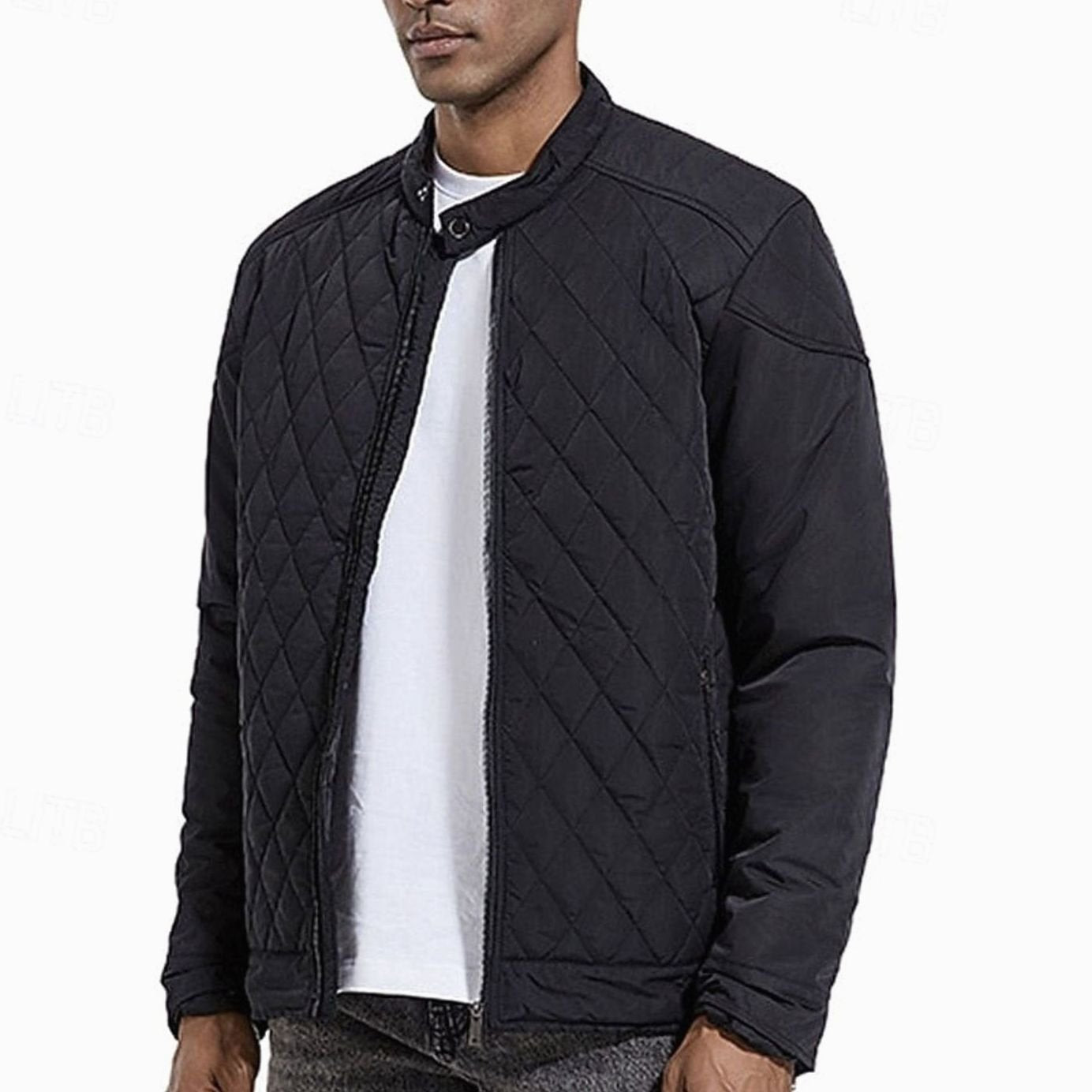 Cozy Diamond Quilted Moto Jacket for Men with Stand Collar Long Sleeve Full Zip Bomber Winter Style