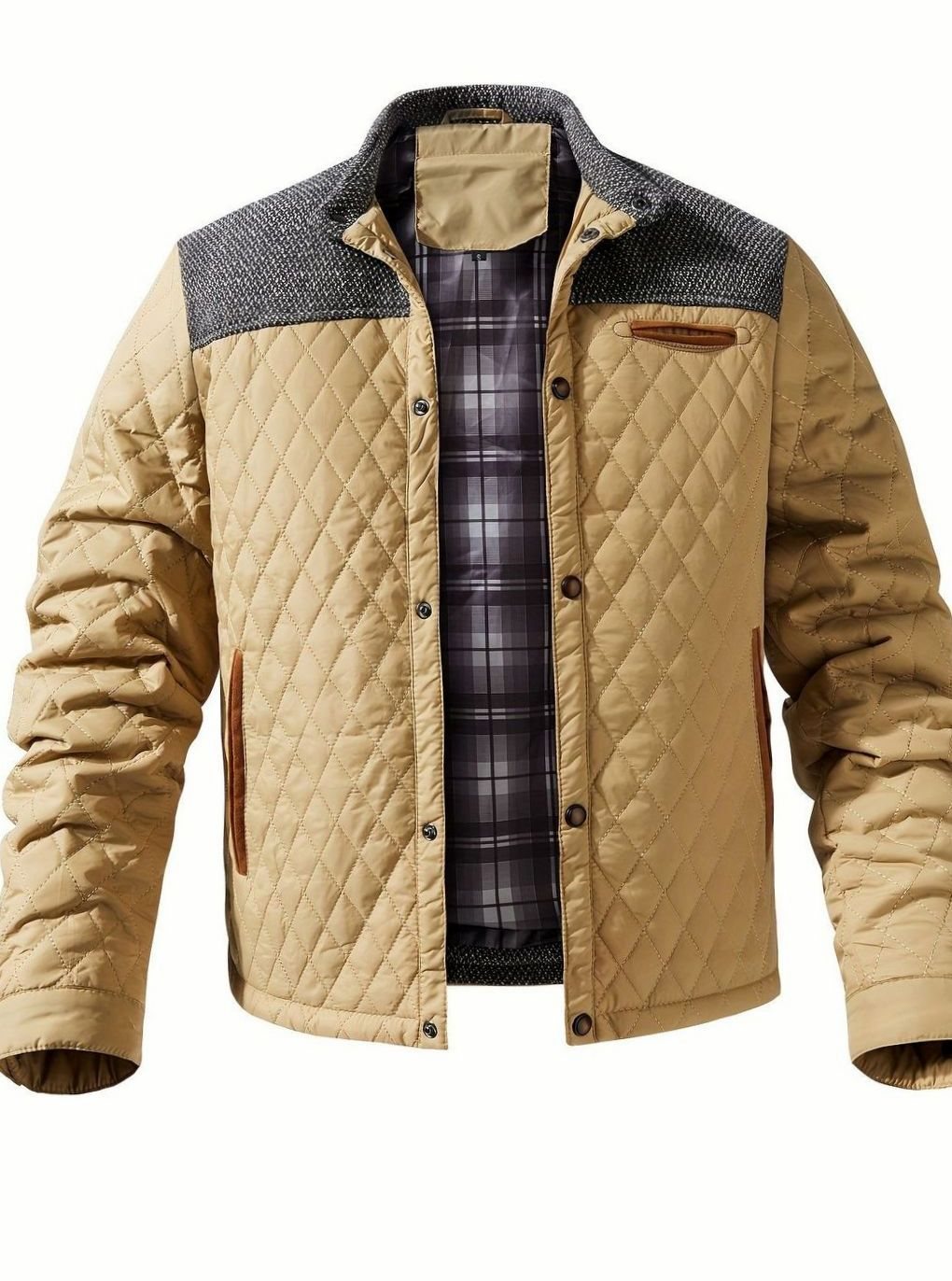 Cozy Diamond Quilted Jacket for Men with Stand Collar Long Sleeve Snap Front Insulated Winter Style
