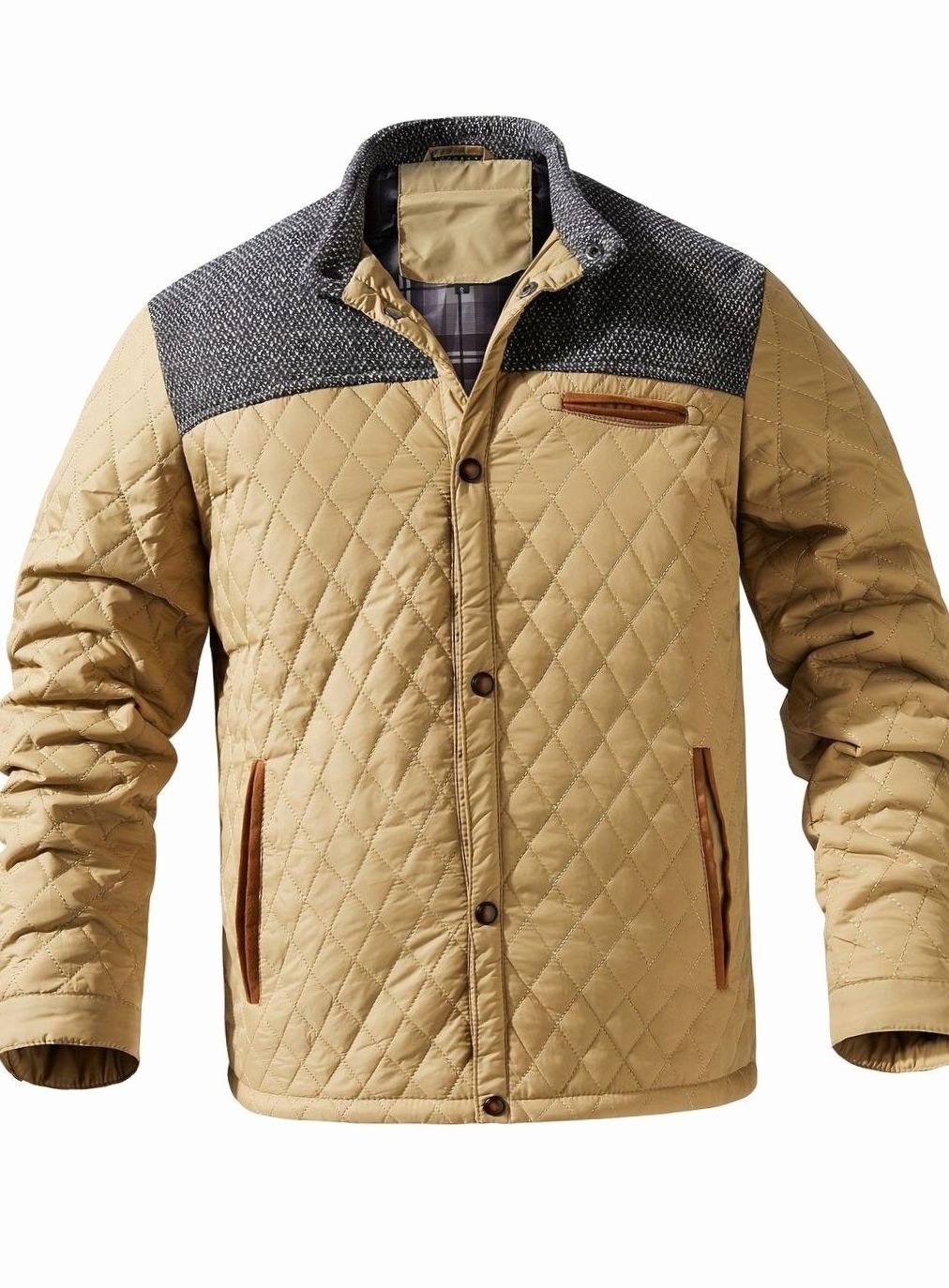 Cozy Diamond Quilted Jacket for Men with Stand Collar Long Sleeve Snap Front Insulated Winter Style