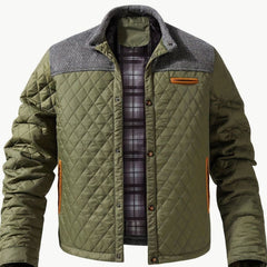 Cozy Diamond Quilted Jacket for Men with Stand Collar Long Sleeve Snap Front Insulated Winter Style