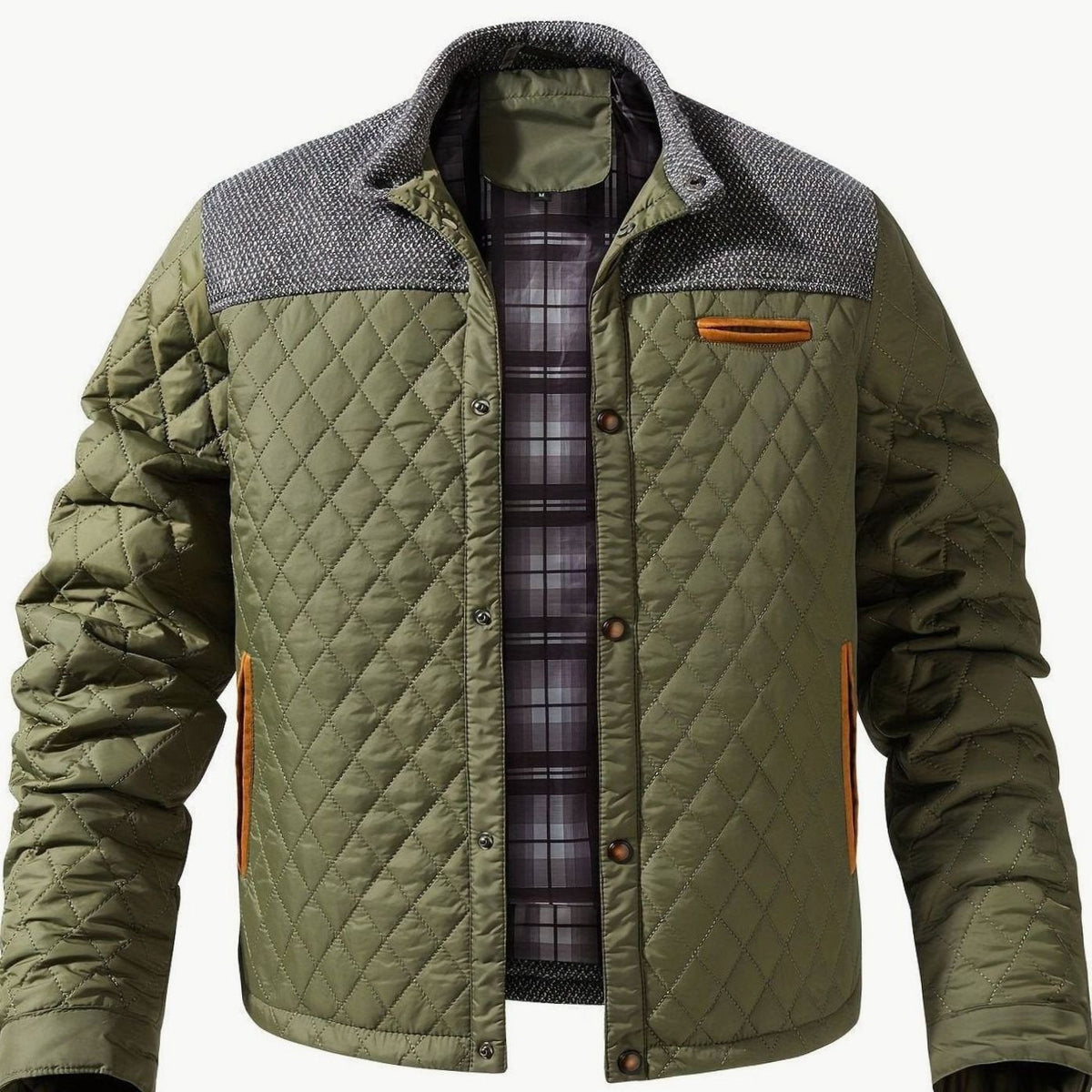 Cozy Diamond Quilted Jacket for Men with Stand Collar Long Sleeve Snap Front Insulated Winter Style