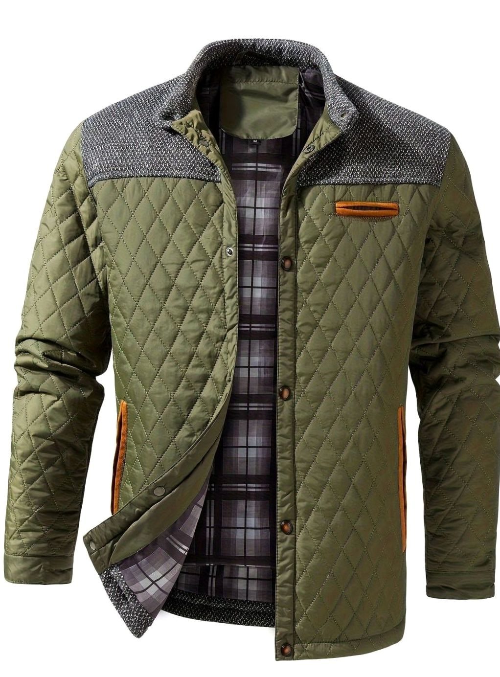 Cozy Diamond Quilted Jacket for Men with Stand Collar Long Sleeve Snap Front Insulated Winter Style