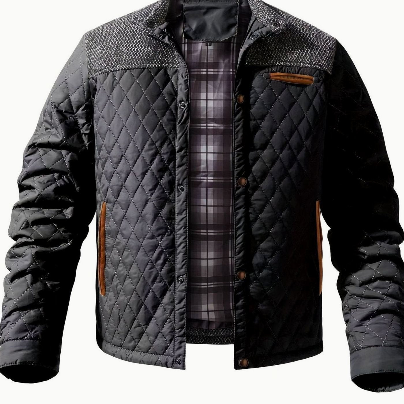 Cozy Diamond Quilted Jacket for Men with Stand Collar Long Sleeve Snap Front Insulated Winter Style