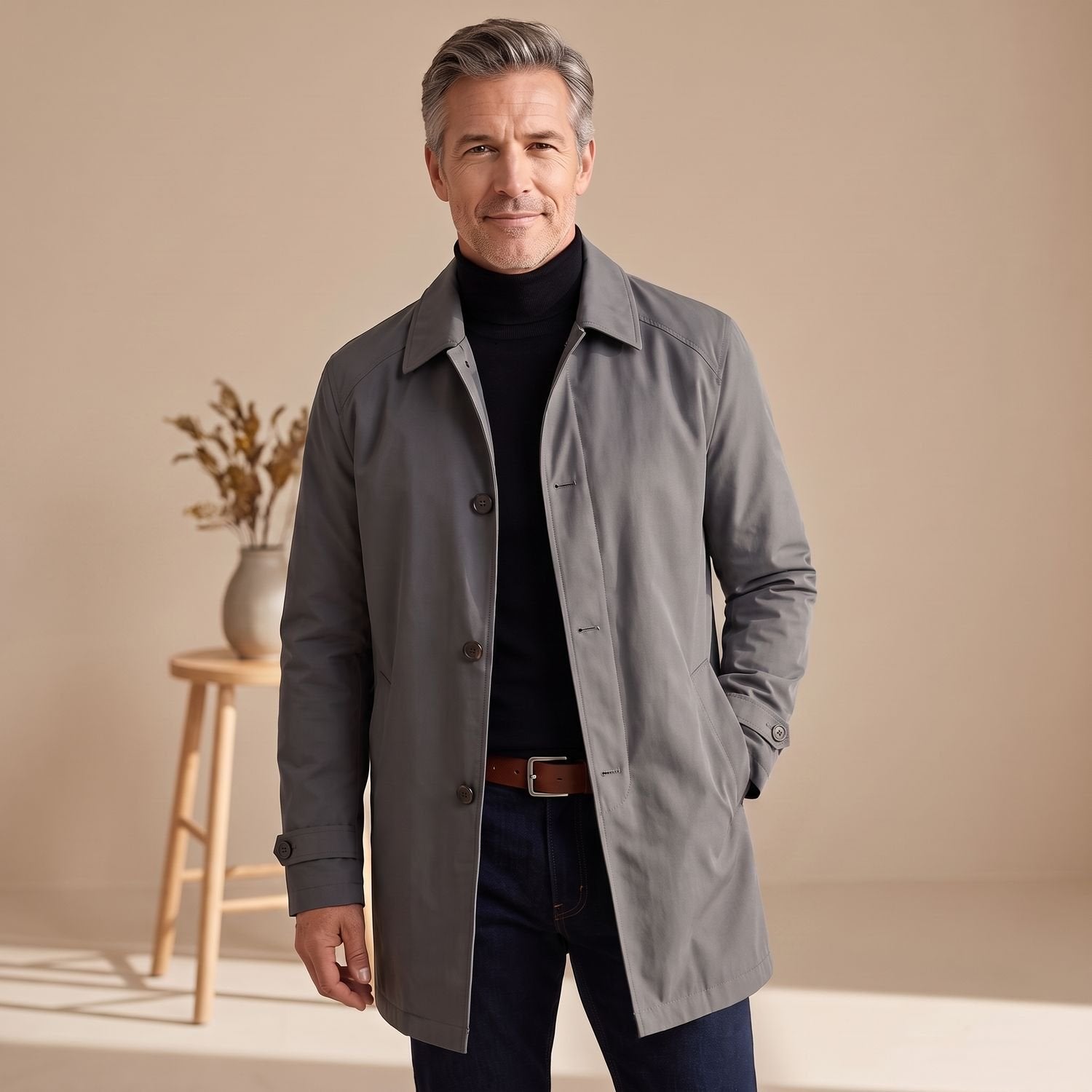 Classic Grey Trench Coat for Men with Button Front Notched Lapel Long Sleeve Longline Overcoat Style