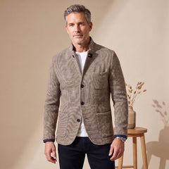 Classic Grey Knit Blazer for Men with Button Front Notched Lapel Long Sleeve Slim Fit Sport Coat Style