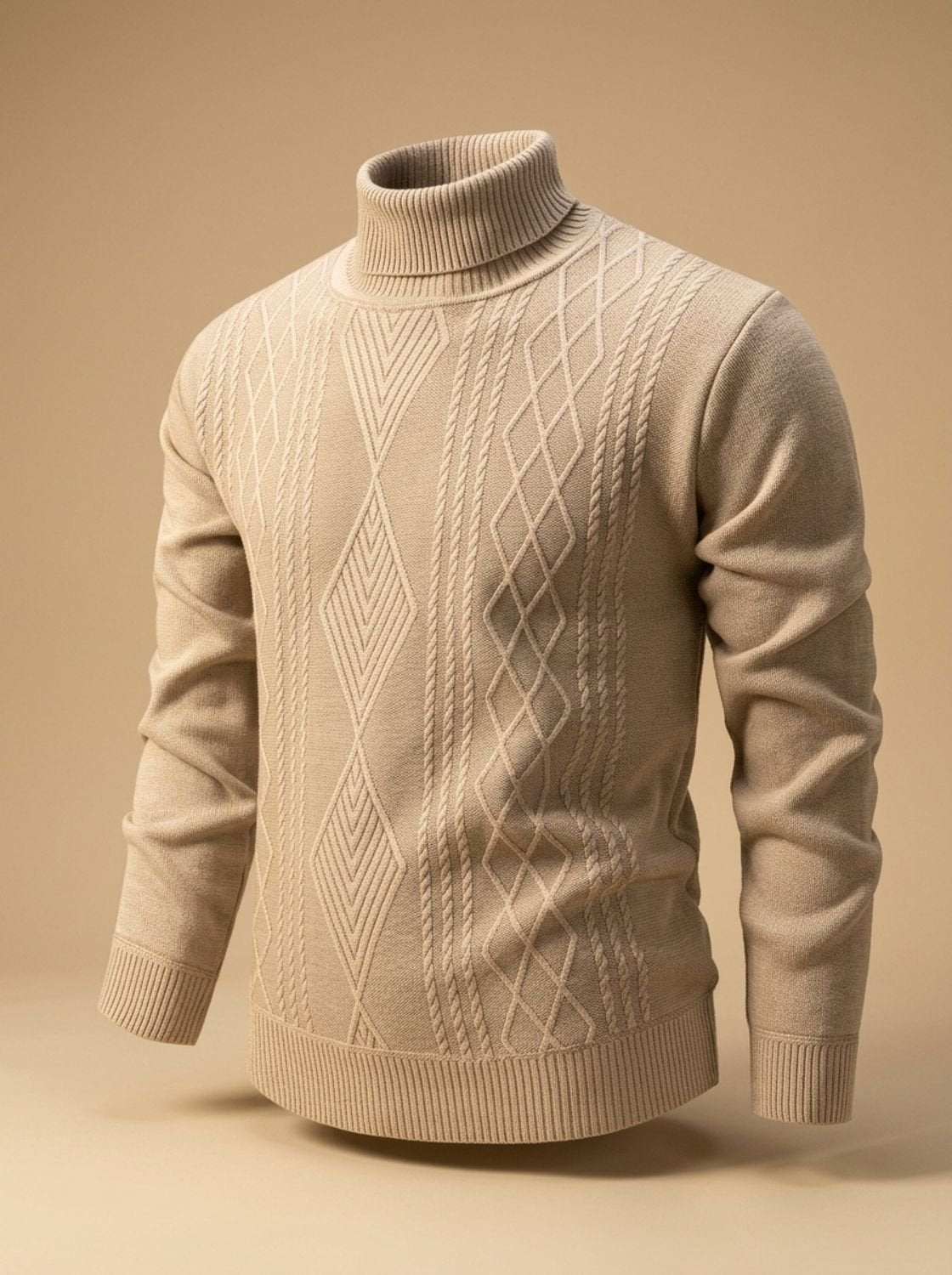 Cozy Cable Knit Turtleneck Sweater for Men with Roll Neck Long Sleeve Slim Fit Ribbed Winter Style