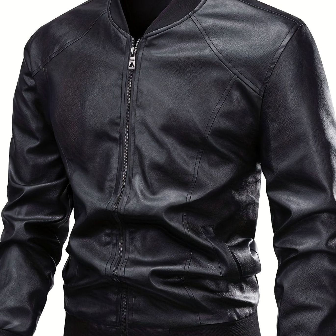 Cozy Black Faux Leather Bomber Jacket for Men with Stand Collar Long Sleeve Full Zip Slim Fit Style