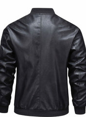 Cozy Black Faux Leather Bomber Jacket for Men with Stand Collar Long Sleeve Full Zip Slim Fit Style
