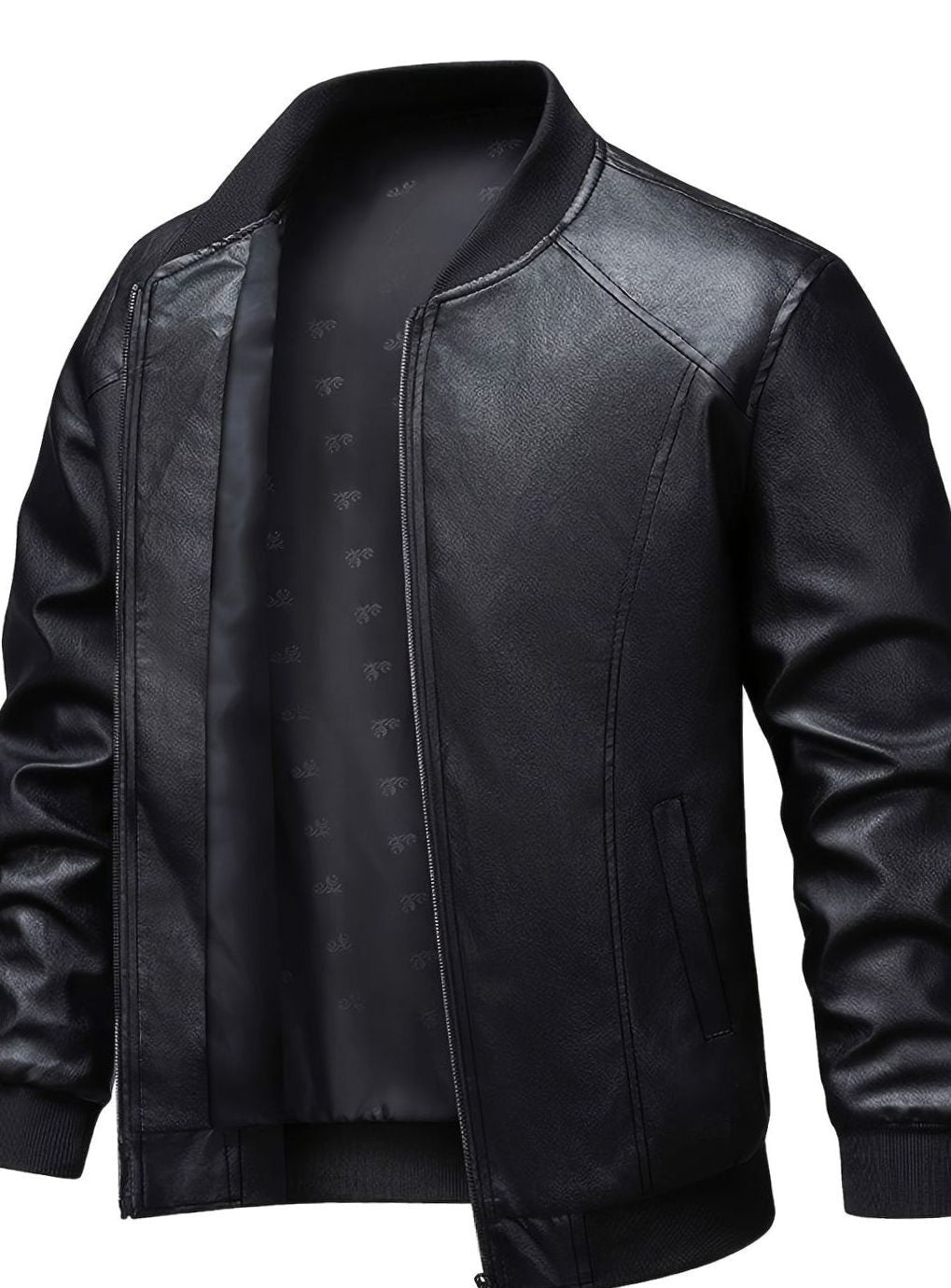 Cozy Black Faux Leather Bomber Jacket for Men with Stand Collar Long Sleeve Full Zip Slim Fit Style