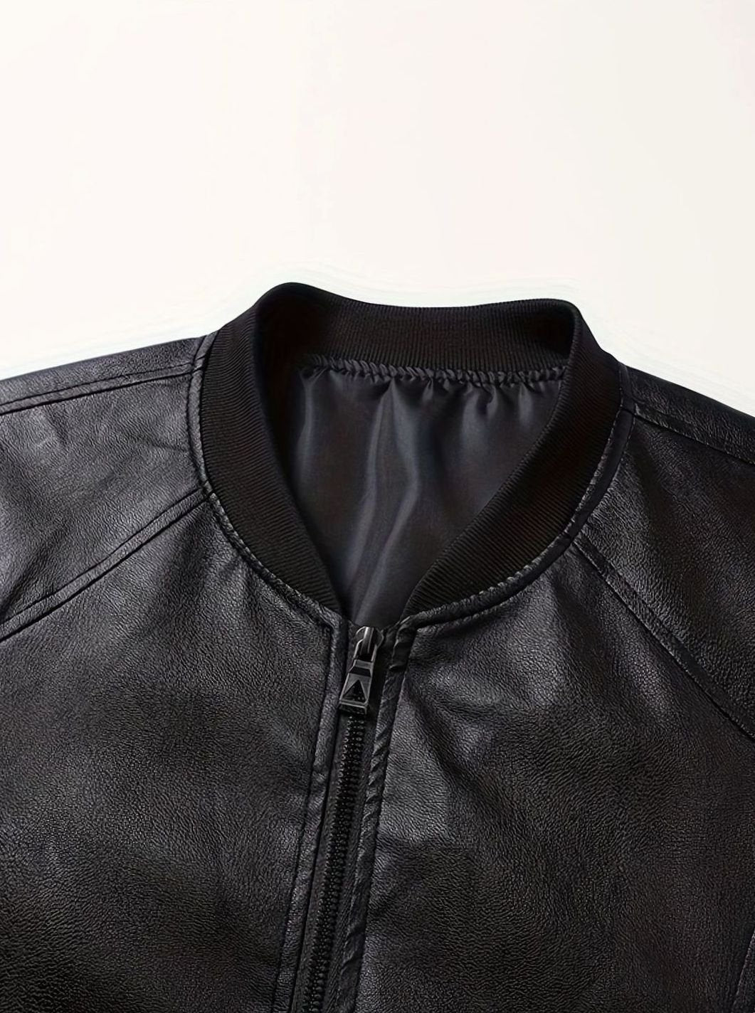 Cozy Black Faux Leather Bomber Jacket for Men with Stand Collar Long Sleeve Full Zip Slim Fit Style
