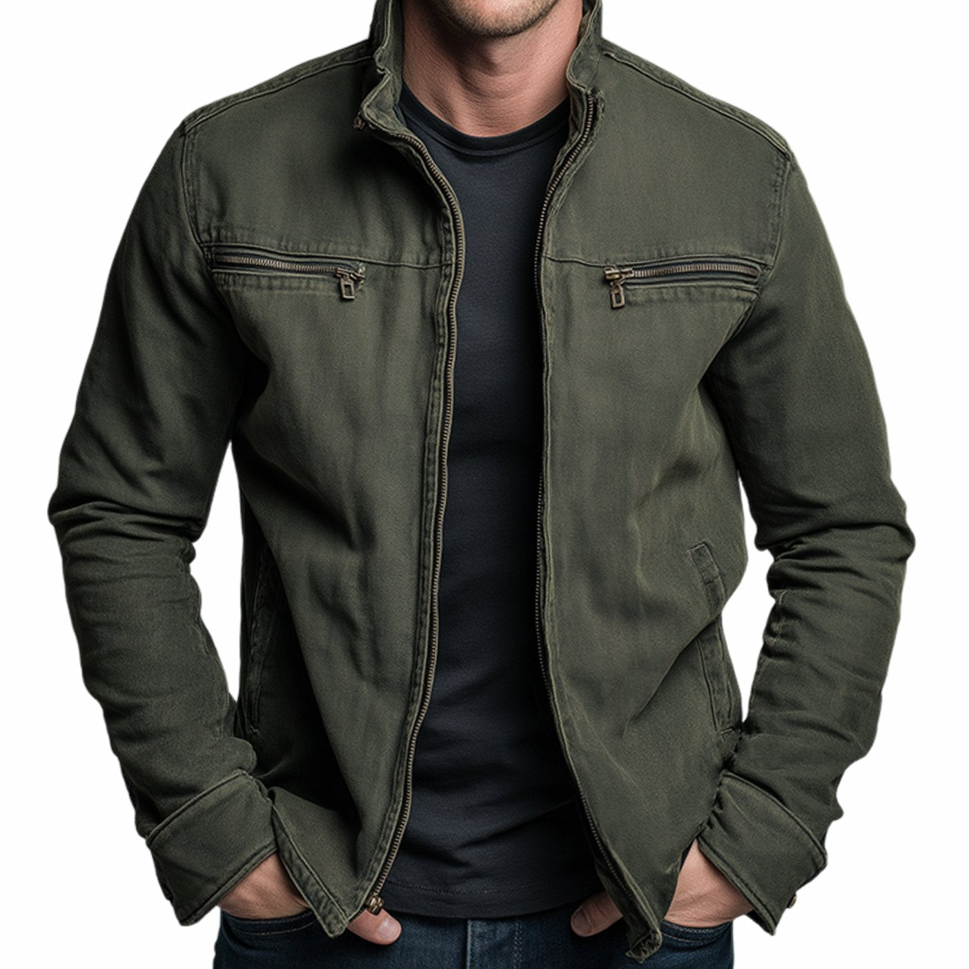Rugged Stand Collar Bomber Jacket for Men with Full Zip Long Sleeve Zip Pocket Slim Fit Style