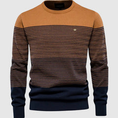 Cozy Colorblock Knit Sweater for Men with Crew Neck Long Sleeve Striped Pullover Ribbed Style