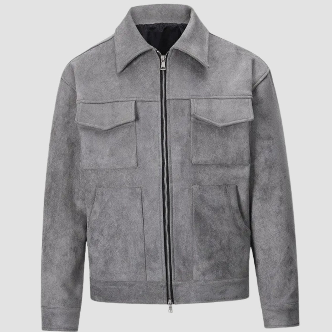 Rugged Faux Suede Trucker Jacket for Men with Point Collar Long Sleeve Zip Front Multi-Pocket Style