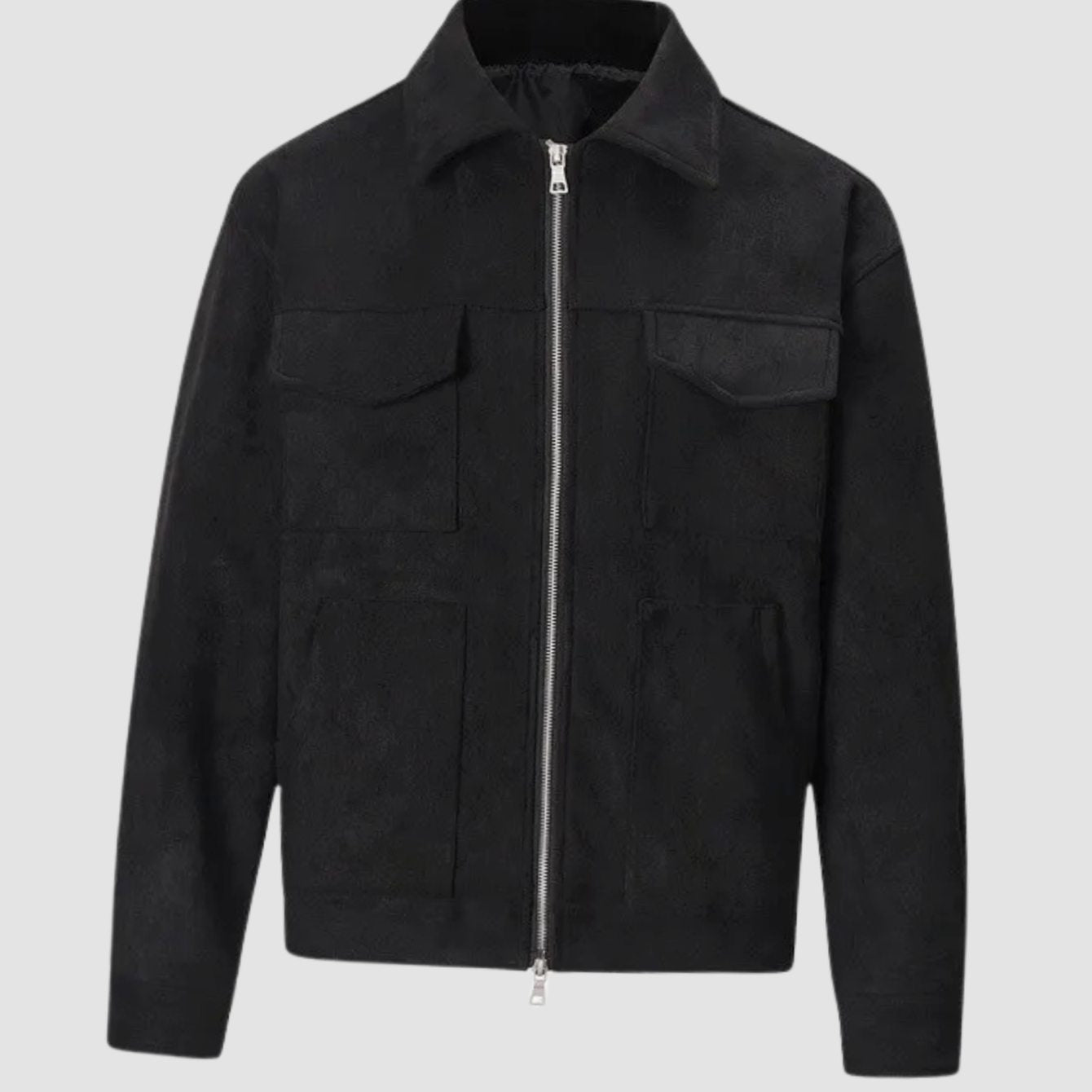 Rugged Faux Suede Trucker Jacket for Men with Point Collar Long Sleeve Zip Front Multi-Pocket Style