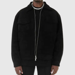 Rugged Faux Suede Trucker Jacket for Men with Point Collar Long Sleeve Zip Front Multi-Pocket Style