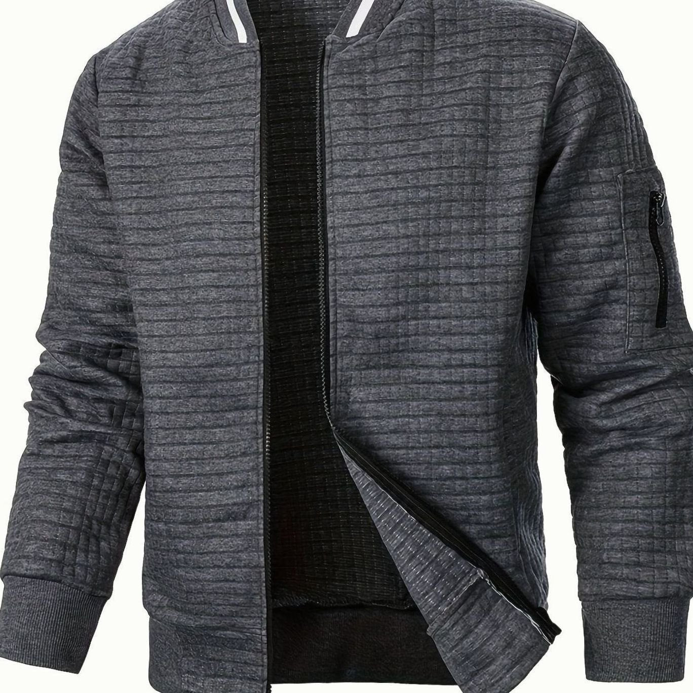 Cozy Textured Grid Bomber Jacket for Men with Stand Collar Long Sleeve Zip Front Ribbed Hem Style