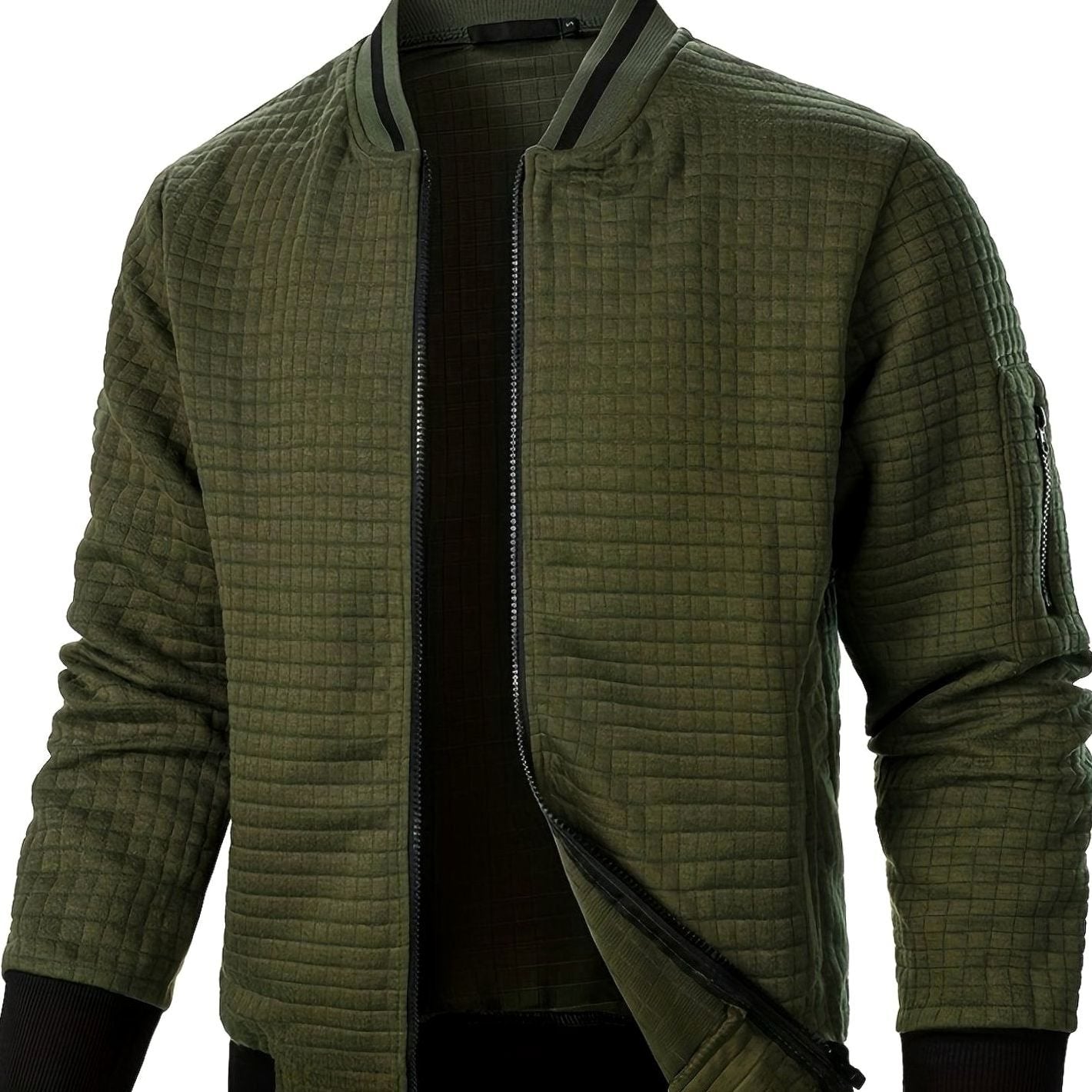 Cozy Textured Grid Bomber Jacket for Men with Stand Collar Long Sleeve Zip Front Ribbed Hem Style
