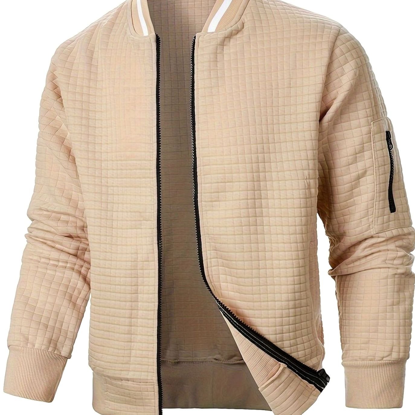 Cozy Textured Grid Bomber Jacket for Men with Stand Collar Long Sleeve Zip Front Ribbed Hem Style