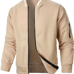 Cozy Textured Grid Bomber Jacket for Men with Stand Collar Long Sleeve Zip Front Ribbed Hem Style