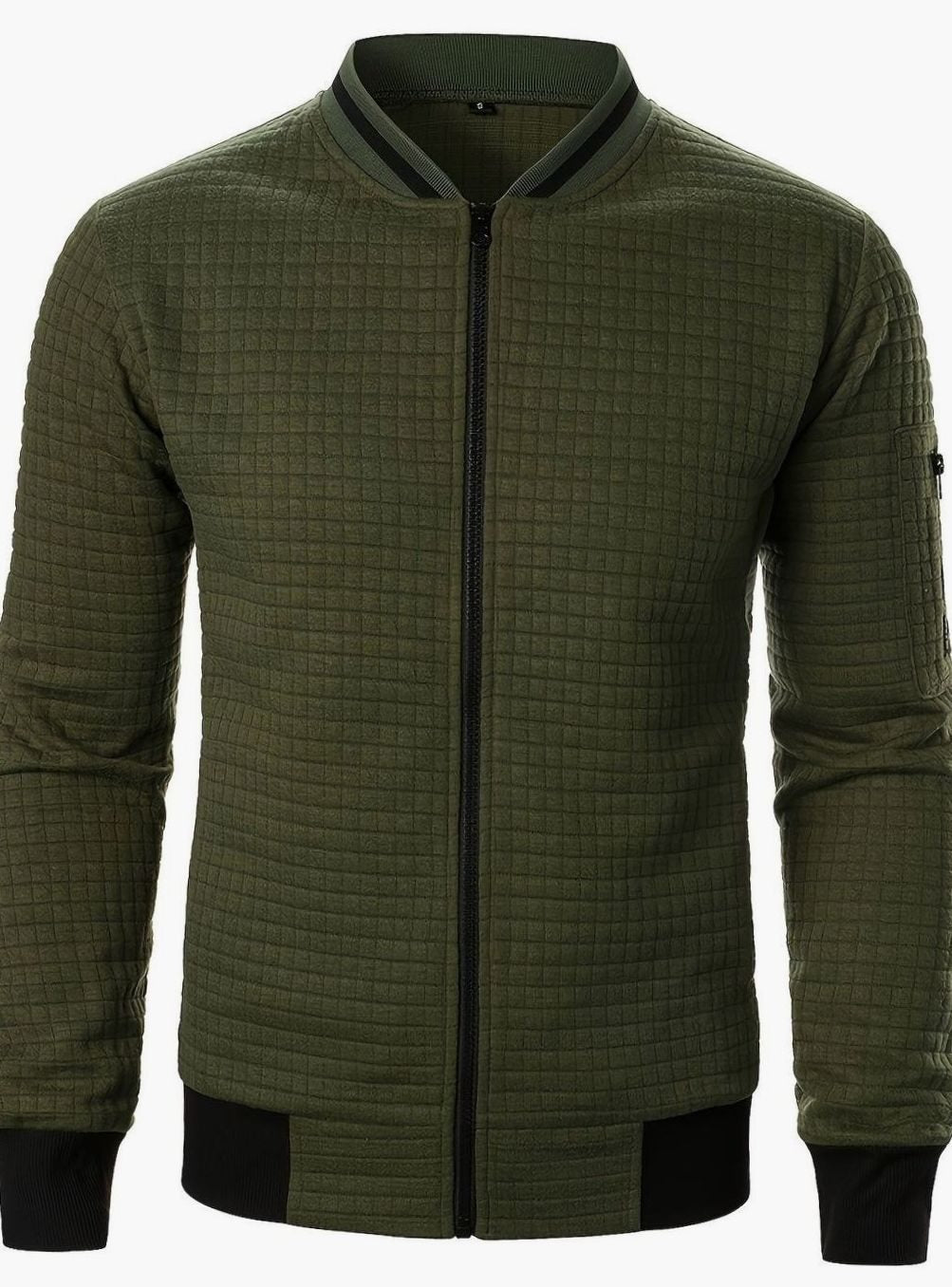 Cozy Textured Grid Bomber Jacket for Men with Stand Collar Long Sleeve Zip Front Ribbed Hem Style