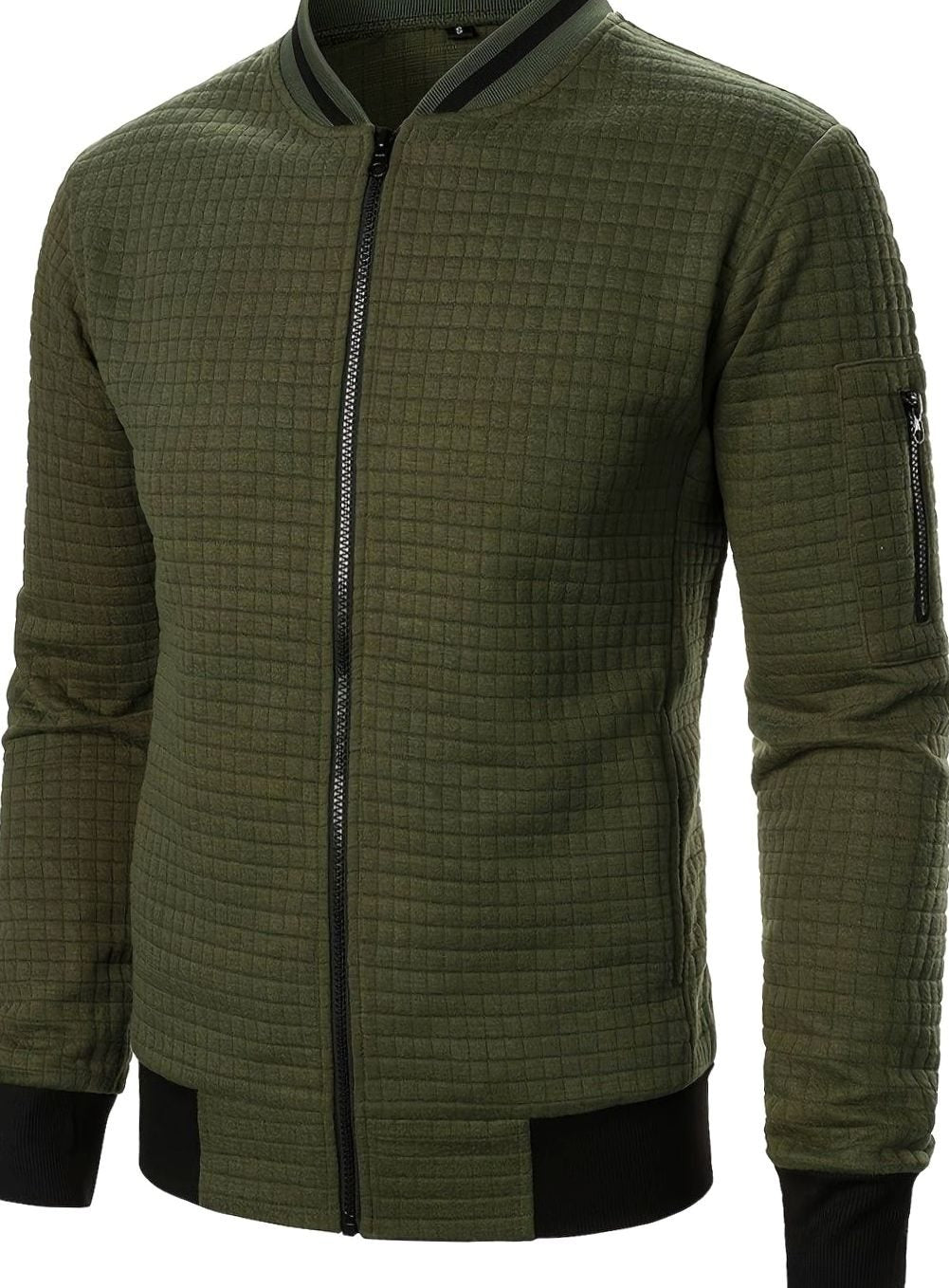 Cozy Textured Grid Bomber Jacket for Men with Stand Collar Long Sleeve Zip Front Ribbed Hem Style