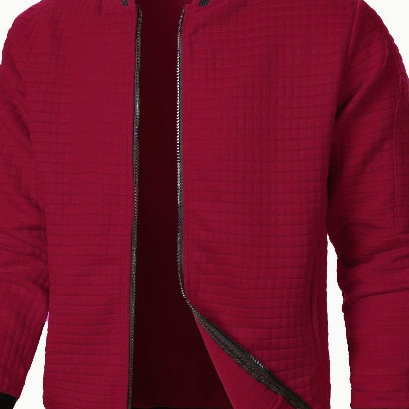 Cozy Textured Grid Bomber Jacket for Men with Stand Collar Long Sleeve Zip Front Ribbed Hem Style