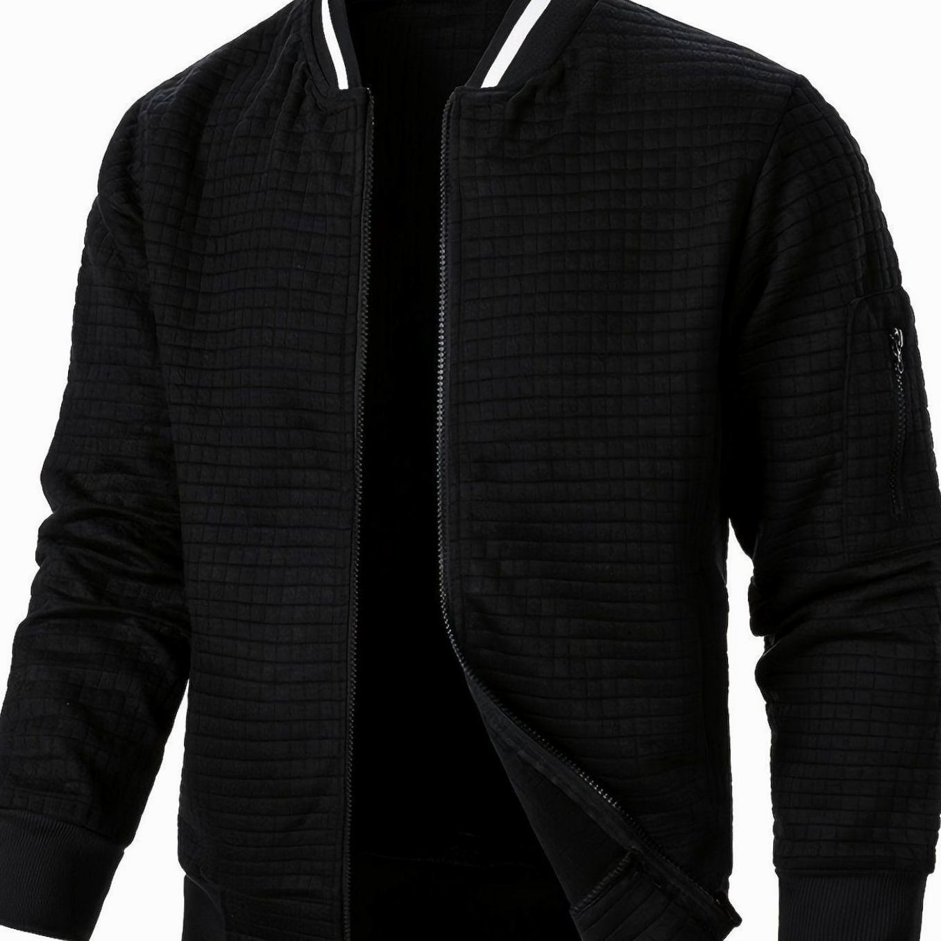 Cozy Textured Grid Bomber Jacket for Men with Stand Collar Long Sleeve Zip Front Ribbed Hem Style