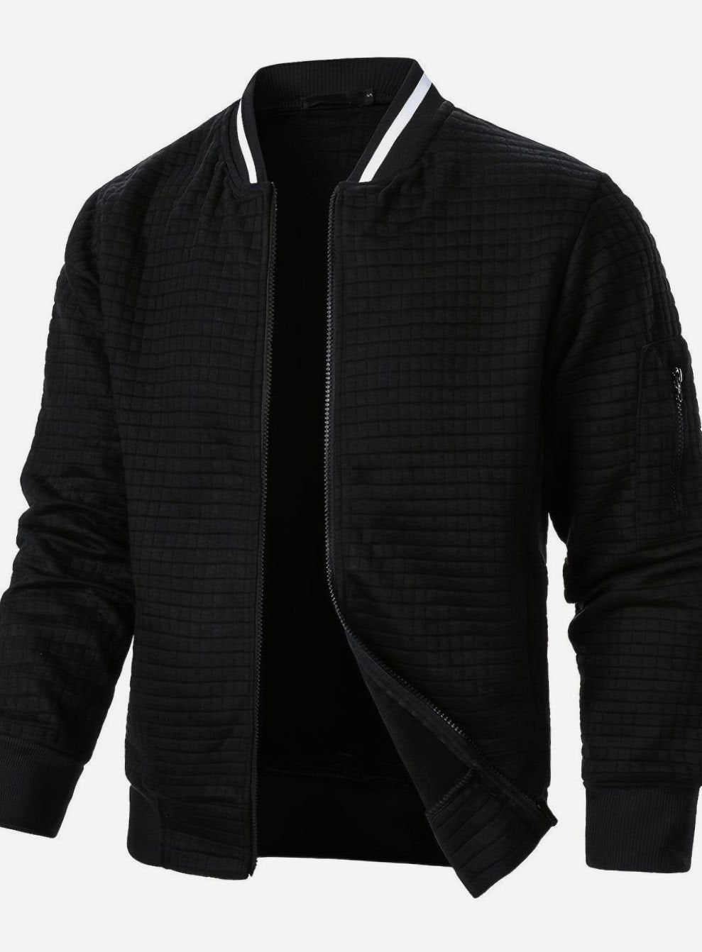 Cozy Textured Grid Bomber Jacket for Men with Stand Collar Long Sleeve Zip Front Ribbed Hem Style
