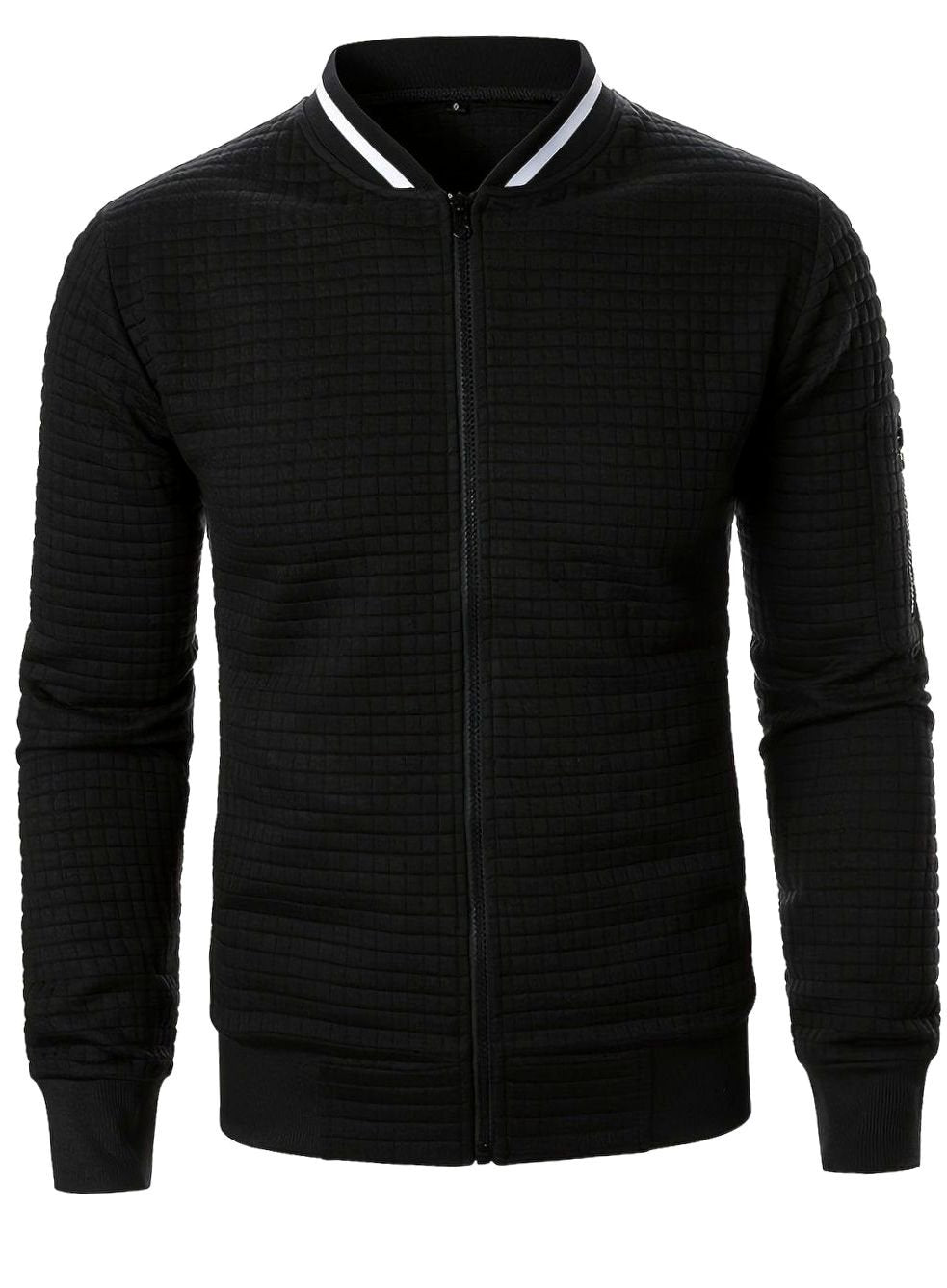 Cozy Textured Grid Bomber Jacket for Men with Stand Collar Long Sleeve Zip Front Ribbed Hem Style